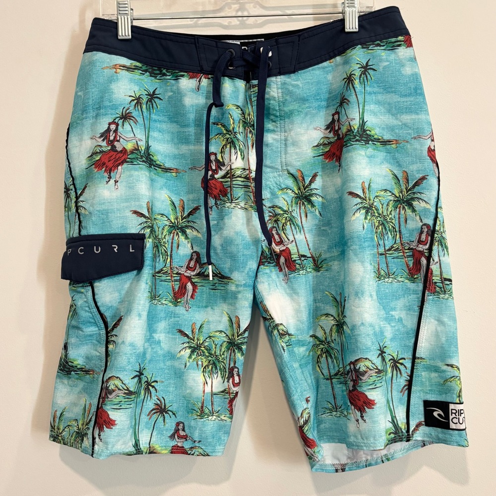 Rip Curl Mens Board Shorts 34 Hula Girl Tropical Palm Tree Swim Trunks 21936